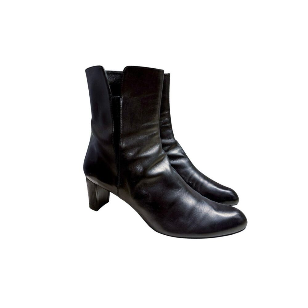 Stuart Weitzman Black Leather Ankle Boots Almond Toe Heeled Minimalist Booties